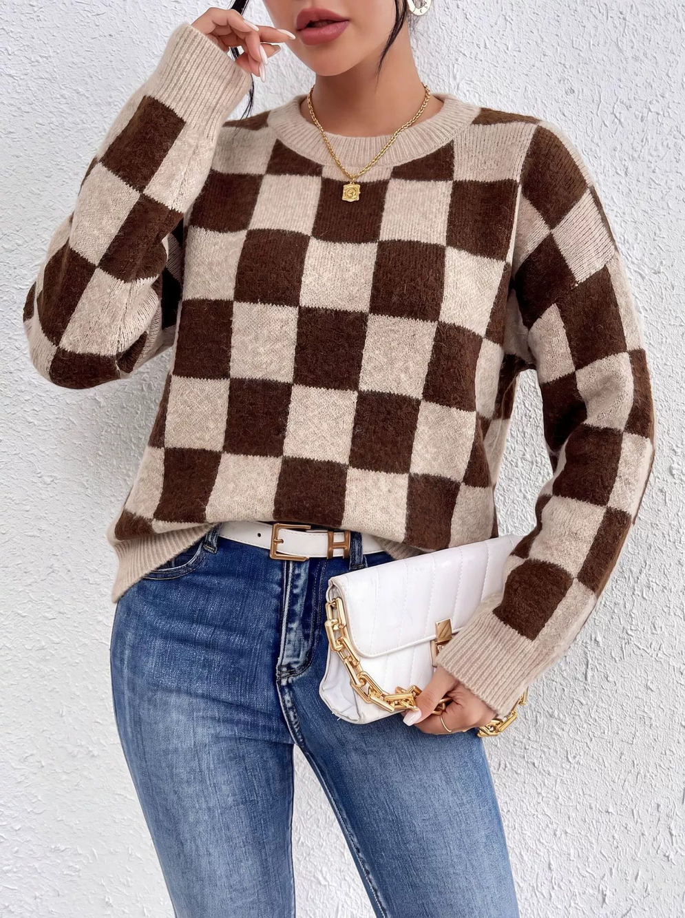 Zara Color Block Checkerboard Round Neck Drop Shoulder Long Sleeve Chunky Knit